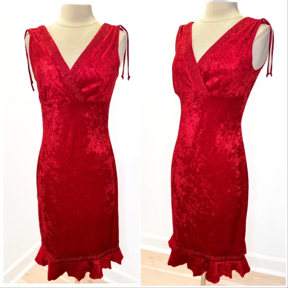 Vintage 90s Red Velvet Dress V Neck Beaded Women’s Sz Medium